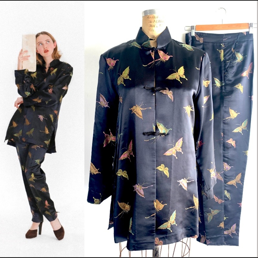 SOLD Mariposa Satin Suit, Chinoiserie lounge set Jacquard Butterfly jacket  pant